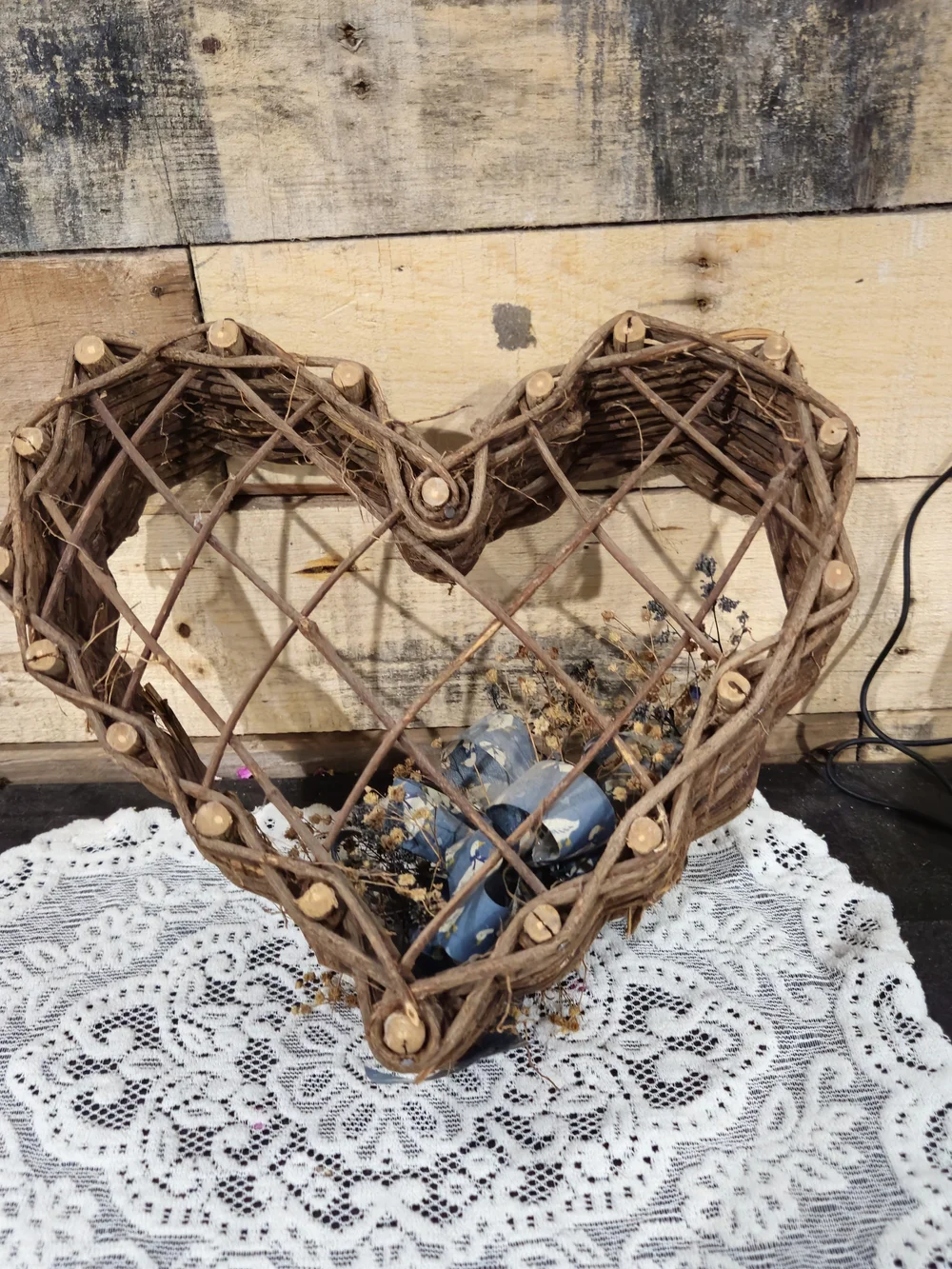 Rustic Heart Wicker Wall Accent with Blue Duck Bow